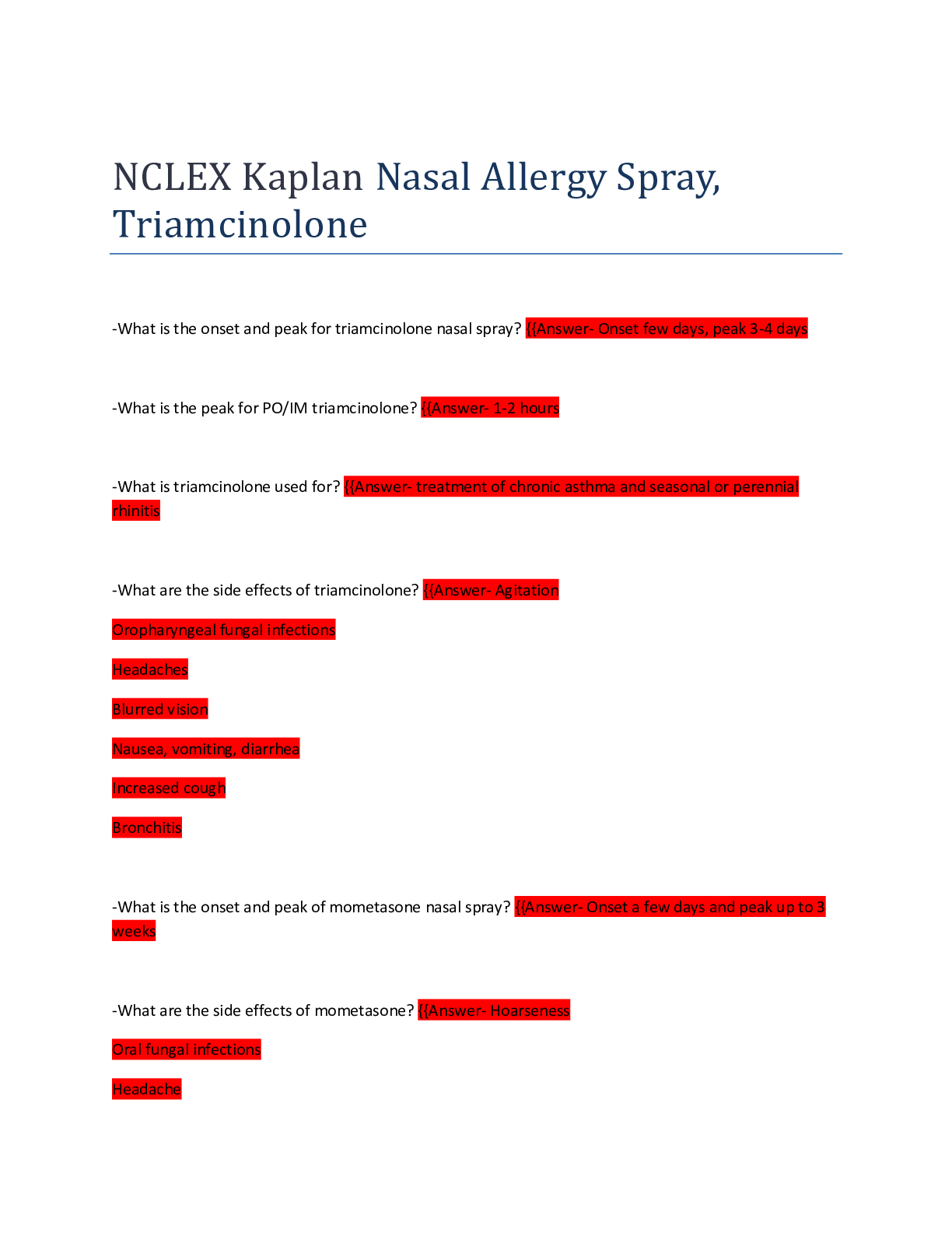 NCLEX Kaplan Nasal Allergy Spray, Triamcinolone Question With Complete